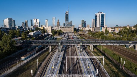 Railway Warsaw station, tracks and traffic lights.